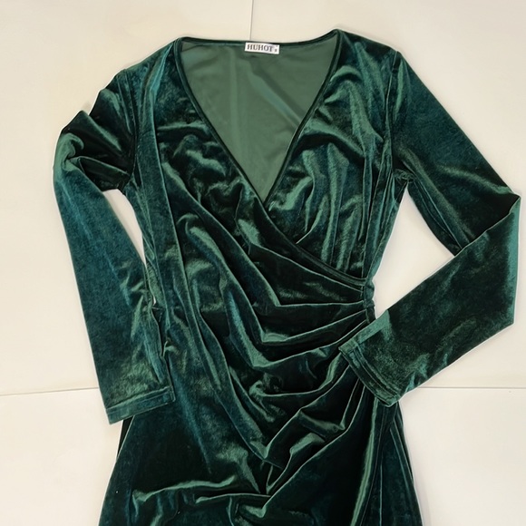 HUHOT Dresses & Skirts - Womens Fall Velvet V Neck Long Sleeve Split Wrap Bodycon Ruched Cocktail Dress